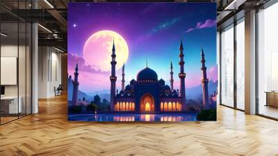 A beautiful night sky with a large moon and a city with many buildings Wall mural