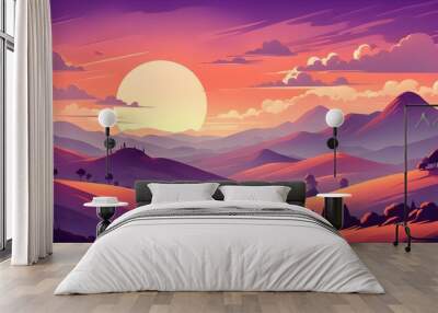 A beautiful sunset over a mountain range with a large sun in the sky Wall mural