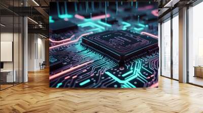 A close-up of a circuit board with glowing neon lines. Wall mural