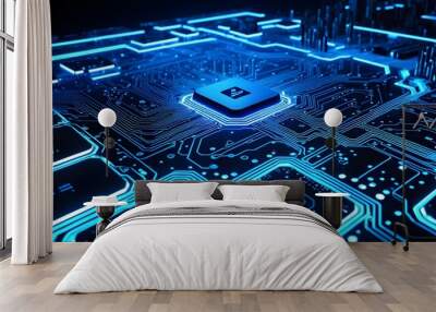 A computer chip is shown in a blue and black color scheme Wall mural