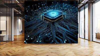 A computer chip is shown in a blue and black color scheme Wall mural