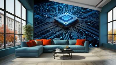 A computer chip is shown in a blue and black color scheme Wall mural