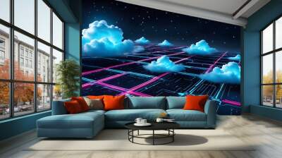 A computer generated image of a city with a sky full of clouds Wall mural