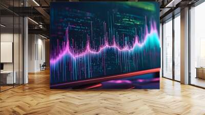 A computer monitor displays a colorful graph with purple, green, and blue lines Wall mural