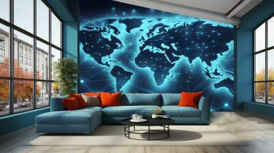 A digital representation of the world with a blue and black color scheme and illuminated lines connecting points of light, representing global connectivity. Wall mural