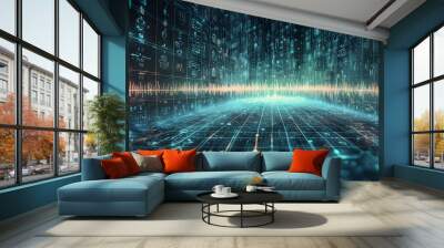 A futuristic digital landscape with glowing lines and data streams. Wall mural