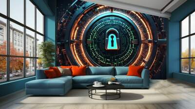 A futuristic digital security lock with glowing lights, representing data protection and privacy. Wall mural