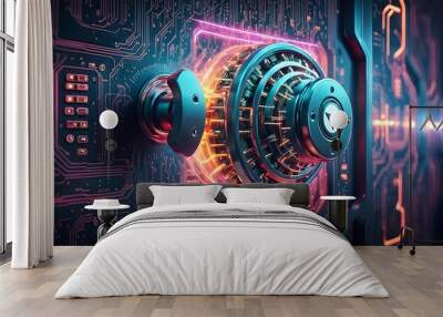 A futuristic safe with a glowing neon frame and a complex mechanical lock. Wall mural