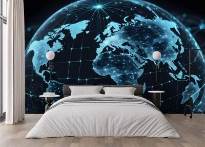 A glowing blue digital globe with a network of lines connecting continents. Wall mural