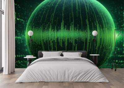 A glowing green sphere with lines and digital code in the background. Wall mural