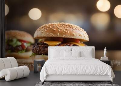 A hamburger with cheese and lettuce on a bun sits on a table Wall mural