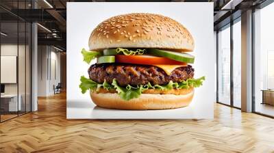 A hamburger with lettuce, tomato, and pickles on top Wall mural