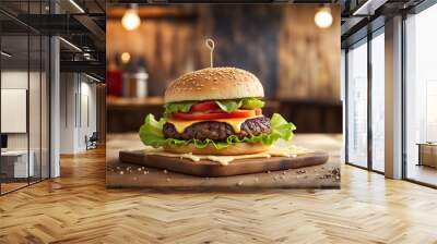 A hamburger with lettuce and tomato on a wooden cutting board Wall mural