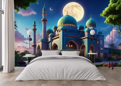 A large blue building with a green dome and a crescent moon in the sky Wall mural