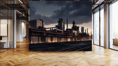 A large industrial complex with tall chimneys and pipes, set against a cloudy sky at dusk. Wall mural