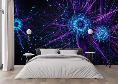 A purple and blue image of three glowing spheres Wall mural