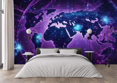 A purple globe with a network of lines and dots representing global connectivity. Wall mural