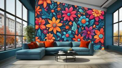 A seamless pattern of colorful flowers on a dark blue background. Wall mural