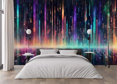 Abstract background with colorful streaks of light and glitter falling on a reflective surface. Wall mural