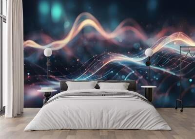 Abstract background with glowing lines and particles in a dark blue, orange and white color scheme. Wall mural