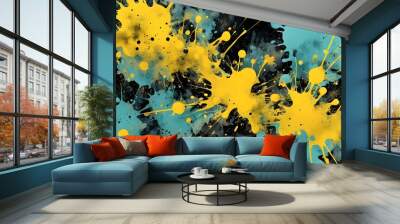 Abstract background with yellow and blue paint splatters on a black background. Wall mural