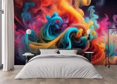 Abstract colorful smoke swirls in a dark background. Wall mural