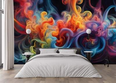 Abstract colorful smoke swirls in a dark background. Wall mural