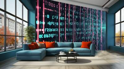 Abstract digital background with a glowing, turquoise light source and binary code in pink and teal on a black background. Wall mural