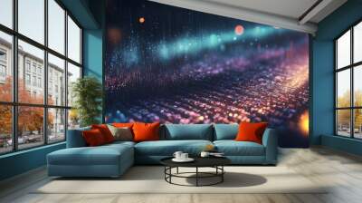 Abstract digital background with glowing lines and bokeh lights. Wall mural