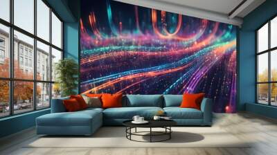 Abstract digital background with glowing lines and particles in vibrant colors. Wall mural