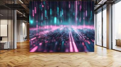 Abstract digital background with glowing lines and shapes in pink and blue colors. Wall mural