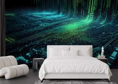 Abstract digital circuit board with glowing green lines and blue light. Wall mural