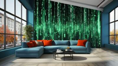 Abstract digital green code raining down on a black background. Wall mural