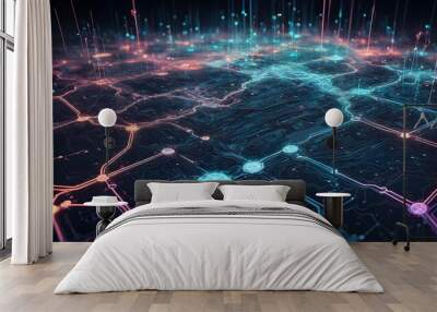 Abstract digital network with glowing lines and nodes on a dark background. Wall mural