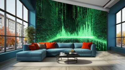 Abstract green digital data lines, glow, futuristic, technology background. Wall mural