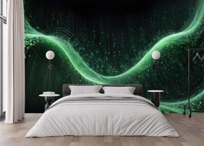 Abstract green glowing wave pattern on a black background. Wall mural