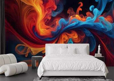 Abstract swirling pattern of red, orange, and blue liquid in a dark background. Wall mural