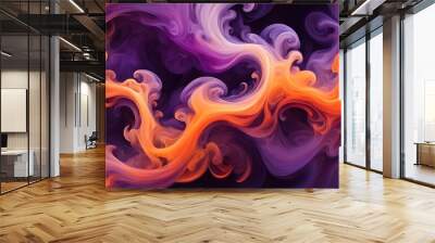 Abstract swirling smoke in orange, purple, and white on a black background. Wall mural