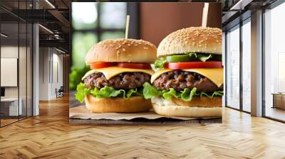 Two hamburgers with lettuce and tomato on top Wall mural