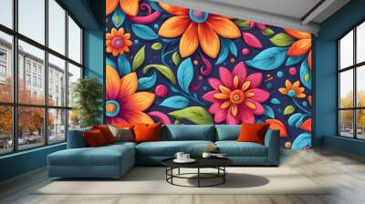 Vibrant seamless pattern with colorful flowers and leaves on a dark blue background. Wall mural