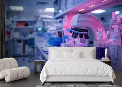 A close-up of a cancer treatment research lab, where scientists are studying how radiation therapy affects cancer cells, with imaging equipment and lab tools spread out on the workbench. Wall mural