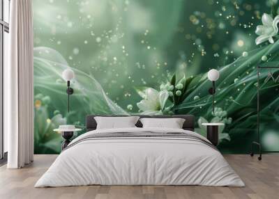 A futuristic rendering of an olive green background with abstract, digital floral designs, offering a modern and artistic twist for contemporary branding Wall mural