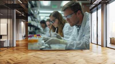 A group of scientists working on bioengineered seeds, with petri dishes and DNA sequencing equipment in a lab focused on agricultural innovation. Wall mural