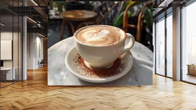 A frothy cappuccino with a delicate cocoa powder design on the foam. The cappuccino is in a white cup, resting on a small marble table in a quaint outdoor café setting,  Wall mural