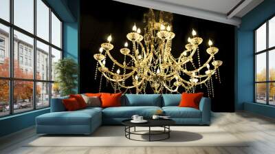  Crystal lamp.Glass chandelier isolated over black background.Closed up Wall mural