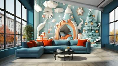 Enchanting kids playroom decorated with a colorful christmas tree and whimsical elements for festive cheer, Generative Ai Wall mural