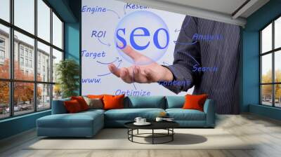  Businessman hand showing blue ball with SEO word. Technology Co Wall mural