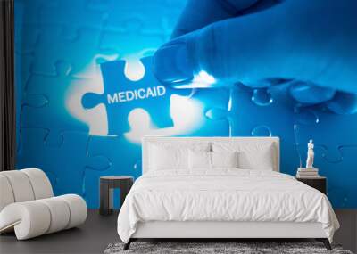 Health Care Concept. Doctor holding a jigsaw puzzle with MEDICAID word. Wall mural