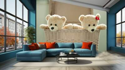 two toy teddy bear in basket Wall mural