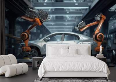 Automated Robot Arm Assembly Line Manufacturing High-Tech Green Energy Electric Vehicles ,Robotic assembly line in an automotive factory,Generative ai
 Wall mural